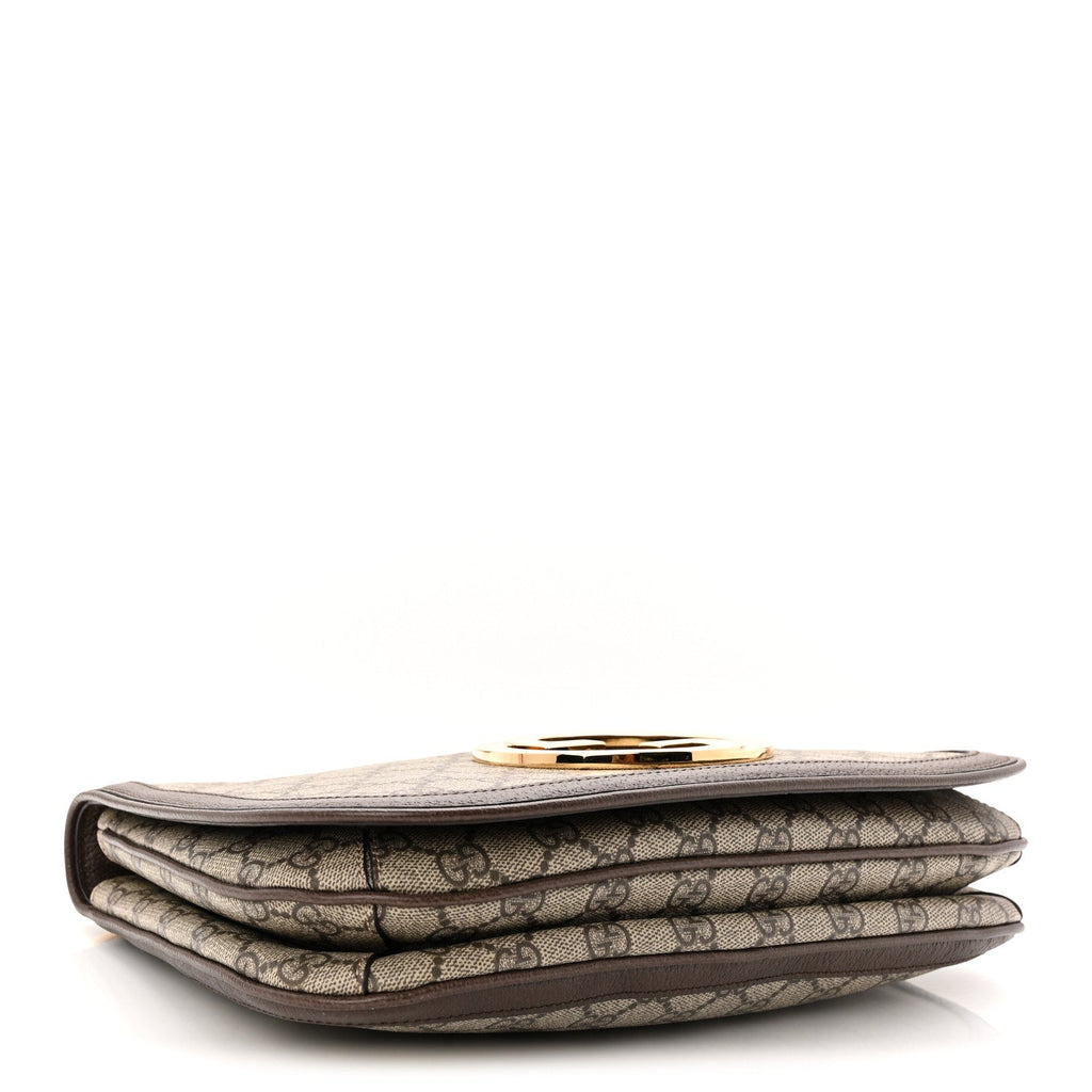 Gucci GG Supreme Monogram Textured Dollar Calfskin Web Medium Blondie Top Handle Shoulder Flap Bag Beige Ebony New Acero