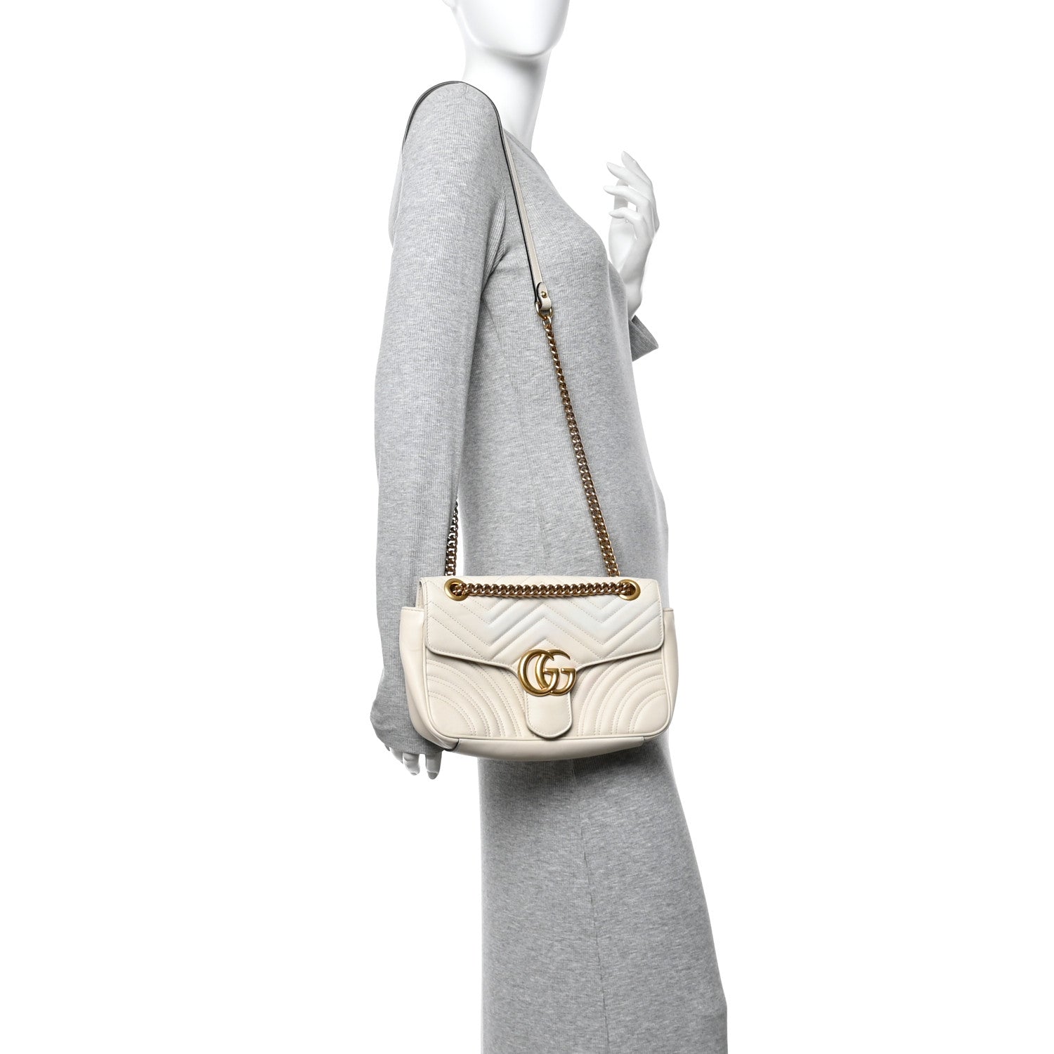 Gucci Calfskin Matelasse Small GG Marmont Shoulder Bag White