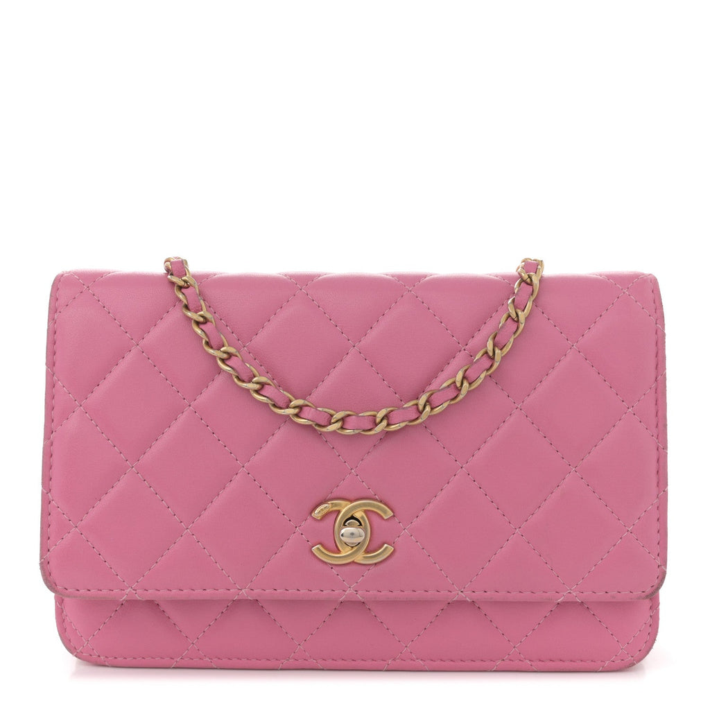 Chanel Lambskin Quilted CC Pearl Crush Wallet on Chain WOC Pink