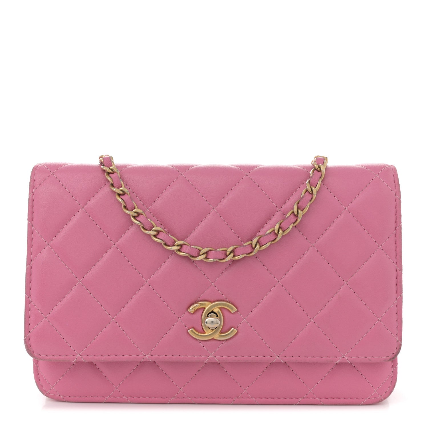 Chanel Lambskin Quilted CC Pearl Crush Wallet on Chain WOC Pink