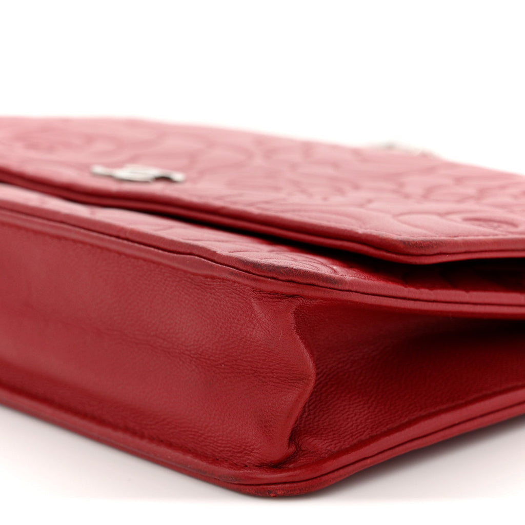 Chanel Lambskin Camellia Embossed Wallet On Chain WOC Red