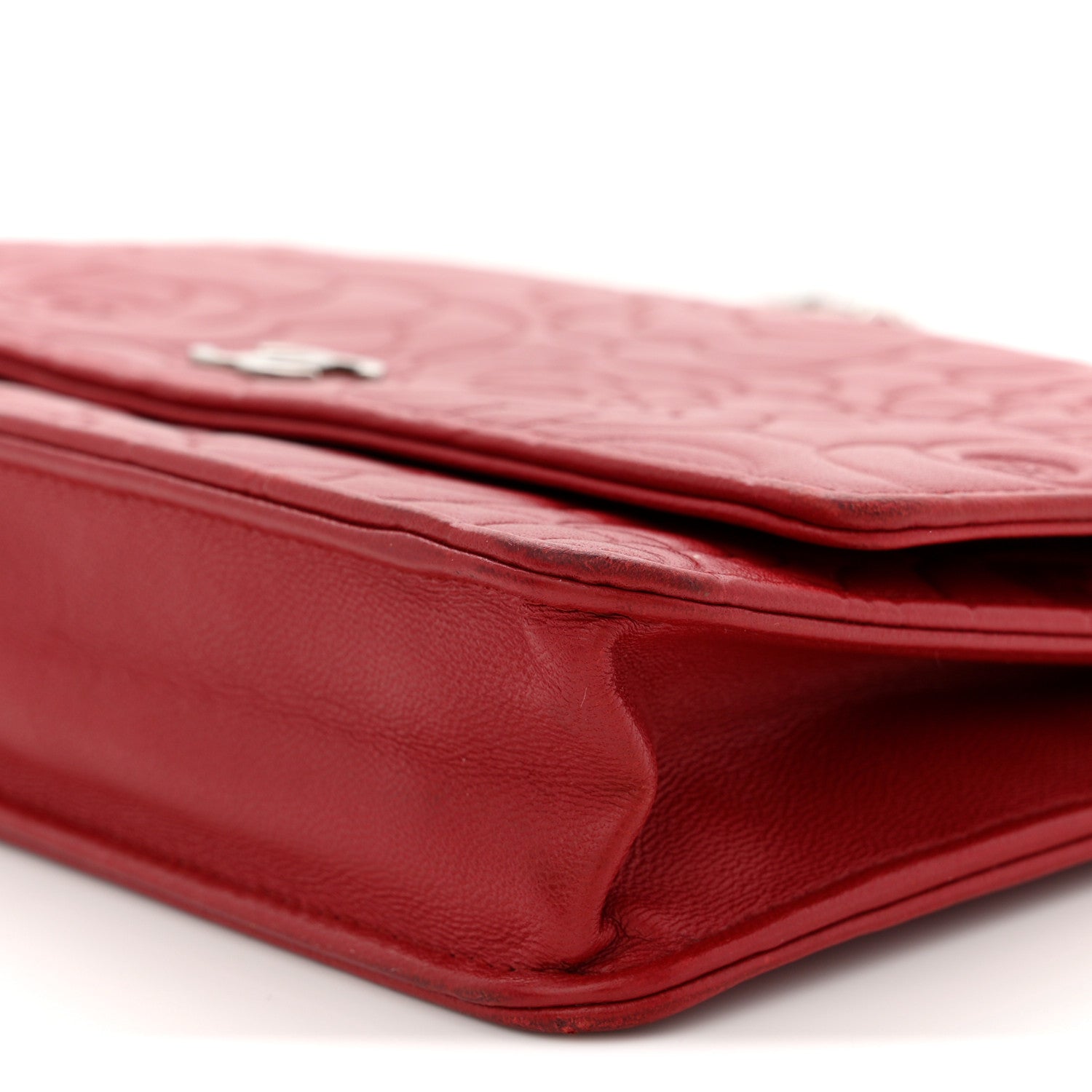 Chanel Lambskin Camellia Embossed Wallet On Chain WOC Red