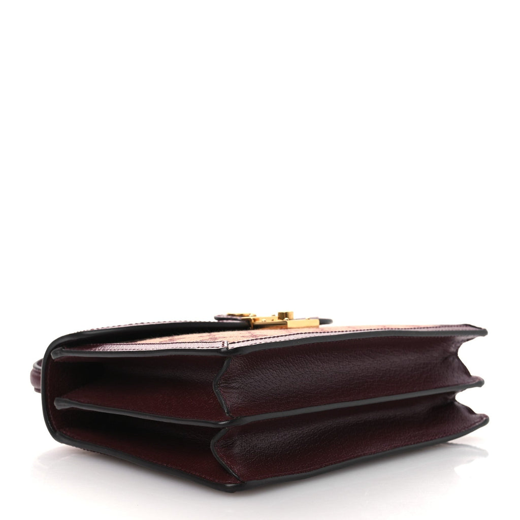 Gucci GG Supreme Monogram Textured Dollar Calfskin Web Small Ophidia Padlock Top Handle Bag Bordeaux