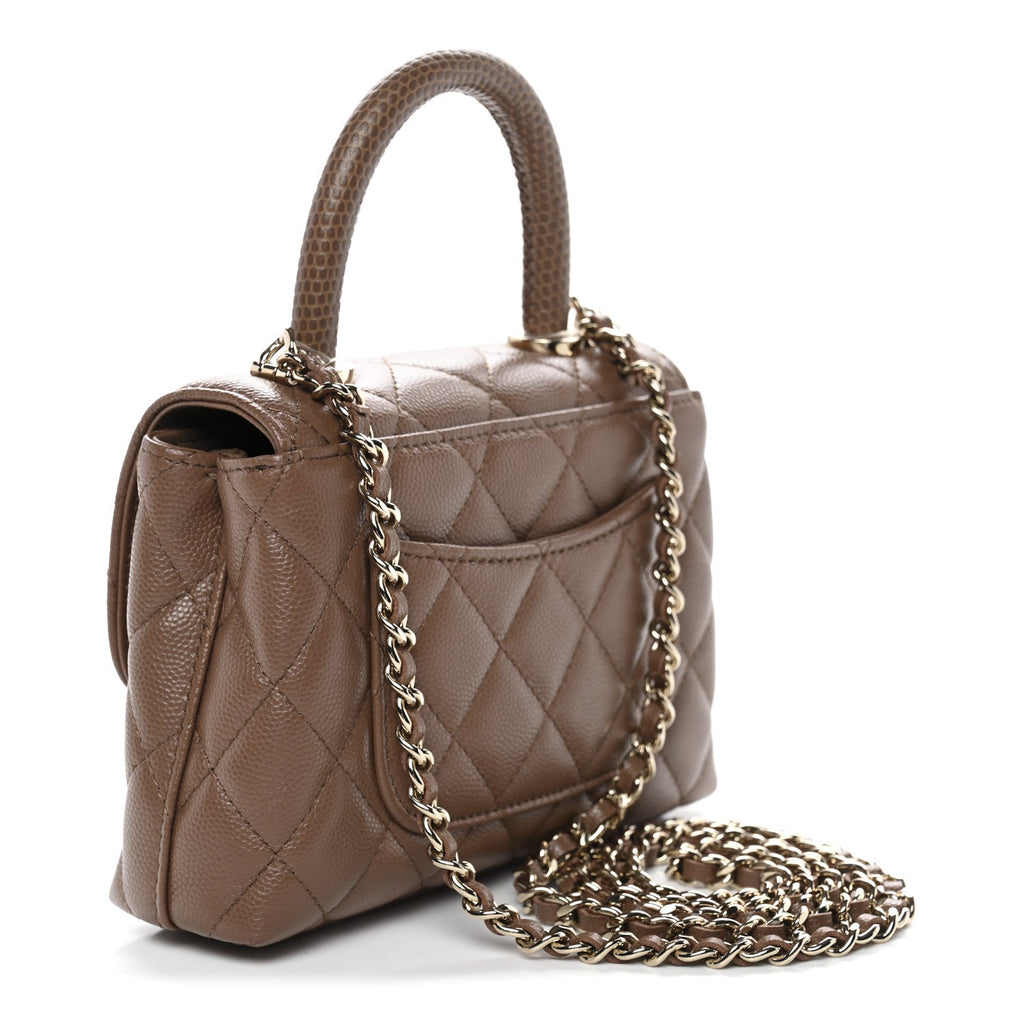Chanel Caviar Lizard Embossed Quilted Coco Handle Clutch With Chain Brown