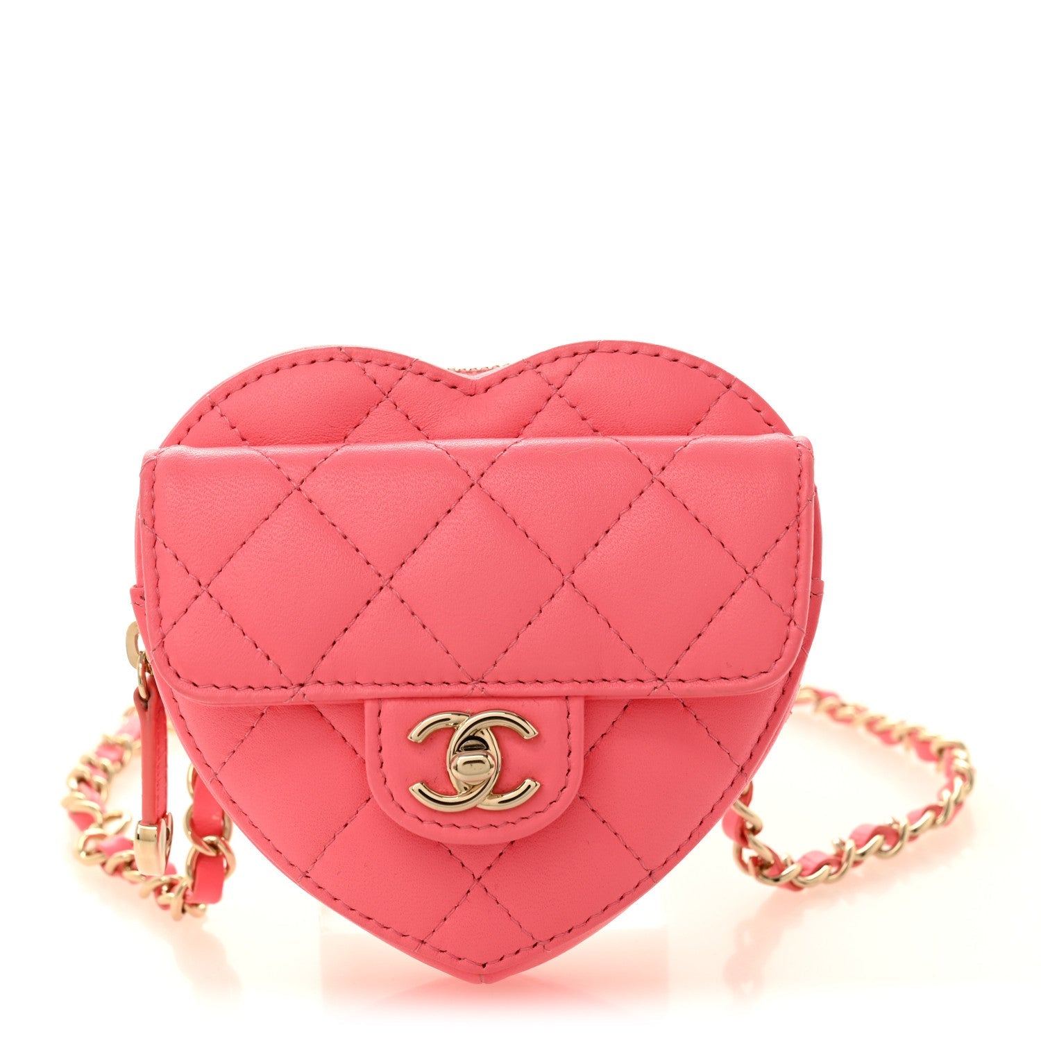 Chanel Lambskin Quilted CC In Love Heart Waist Belt Bag With Chain Pink