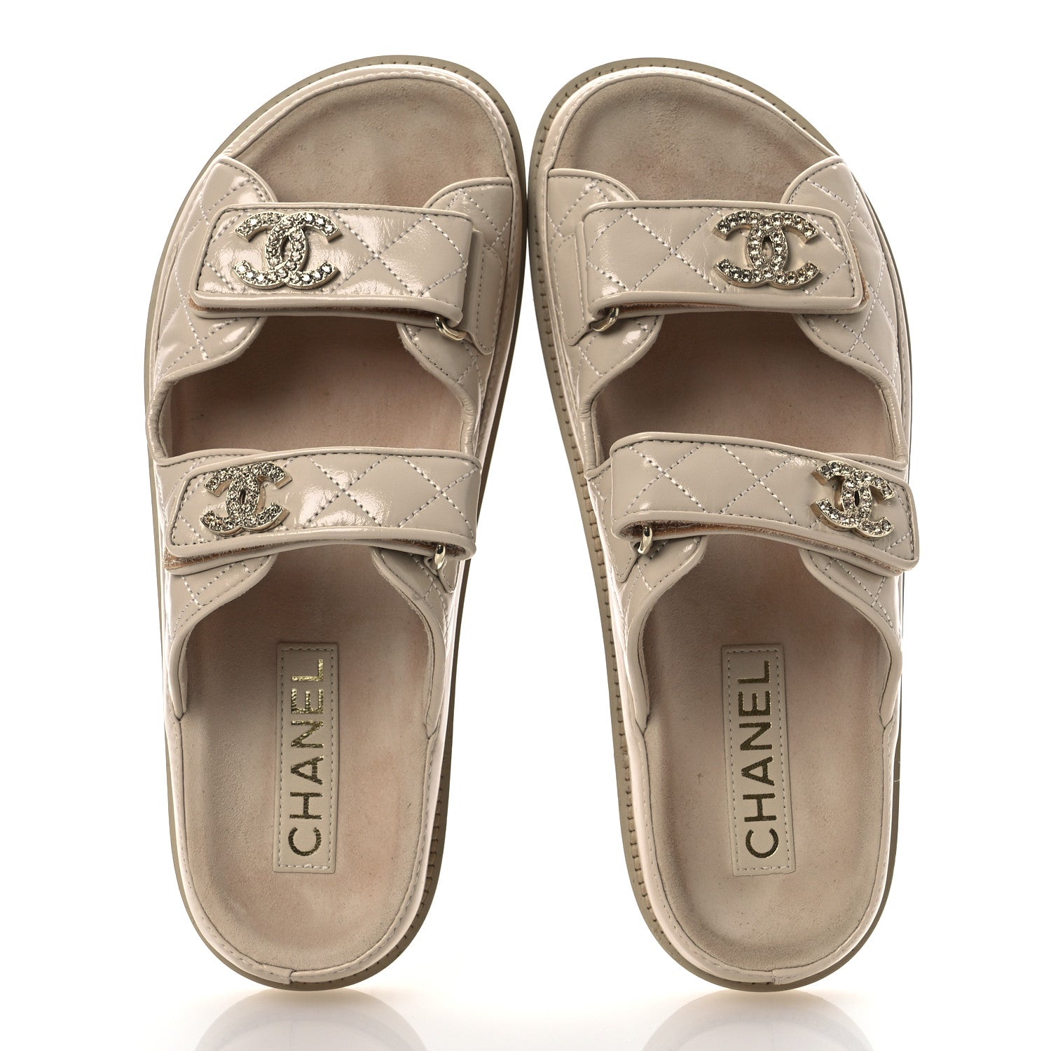 Chanel Shiny Calfskin Crystal Quilted Velcro Dad CC Slide Sandals 38 Light Beige