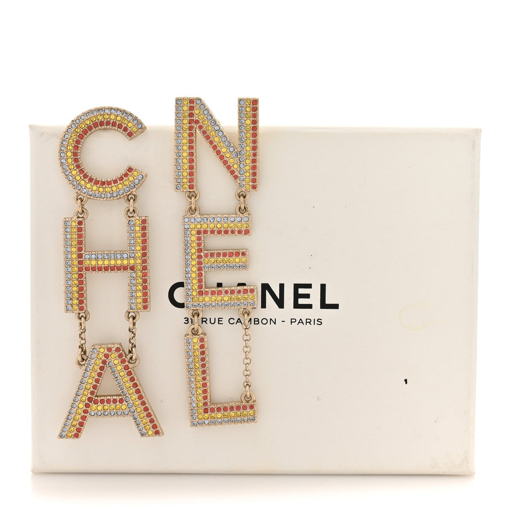 Metal Crystal Rainbow Cha-Nel Logo Drop Earrings Multicolor Gold