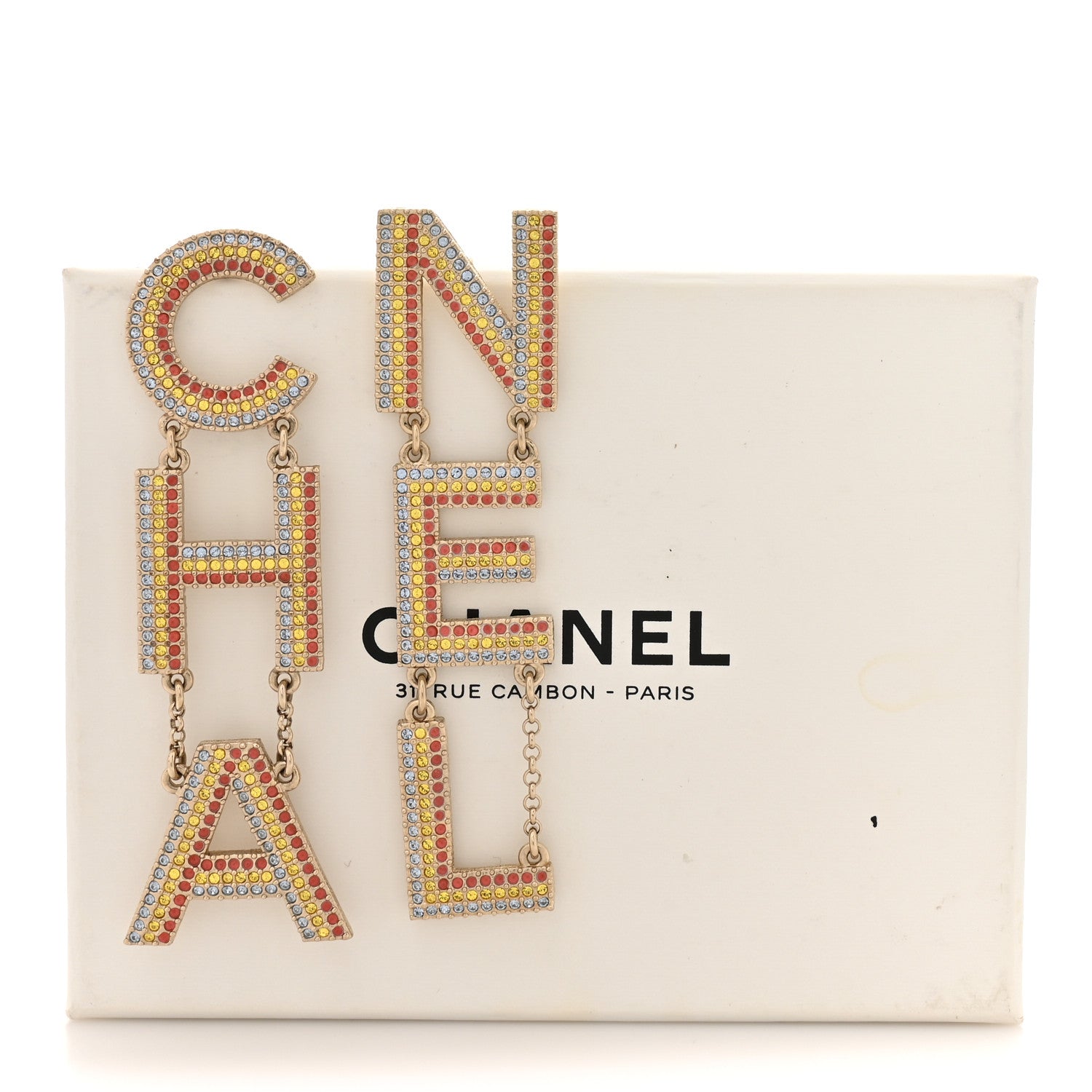 Metal Crystal Rainbow Cha-Nel Logo Drop Earrings Multicolor Gold