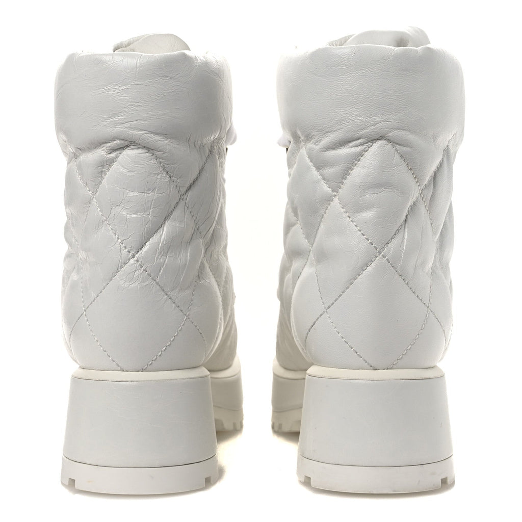 Crumpled Patent Lambskin Calfskin Quilted Lace Up Combat Boots 37 White Black
