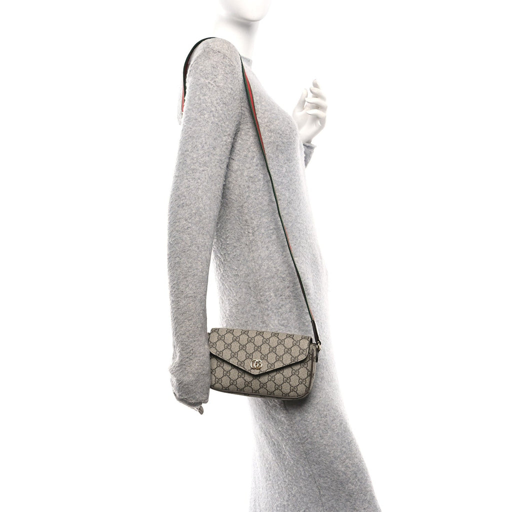 Gucci GG Supreme Monogram Textured Dollar Calfskin Web Mini Ophidia Envelope Shoulder Bag Beige Ebony New Acero