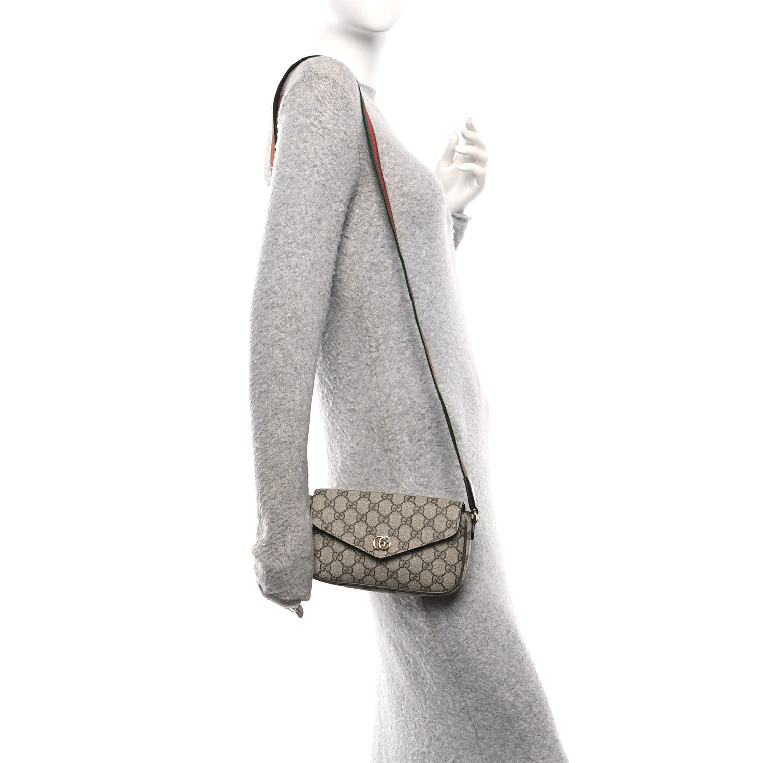 Gucci GG Supreme Monogram Textured Dollar Calfskin Web Mini Ophidia Envelope Shoulder Bag Beige Ebony New Acero