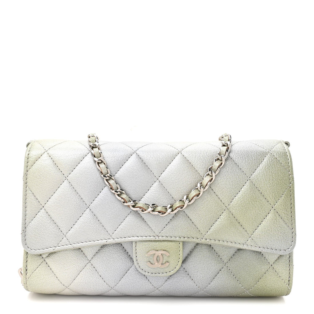 Chanel Metallic Goatskin Quilted Ombre Phone Holder Wallet on Removable Chain Grey Green