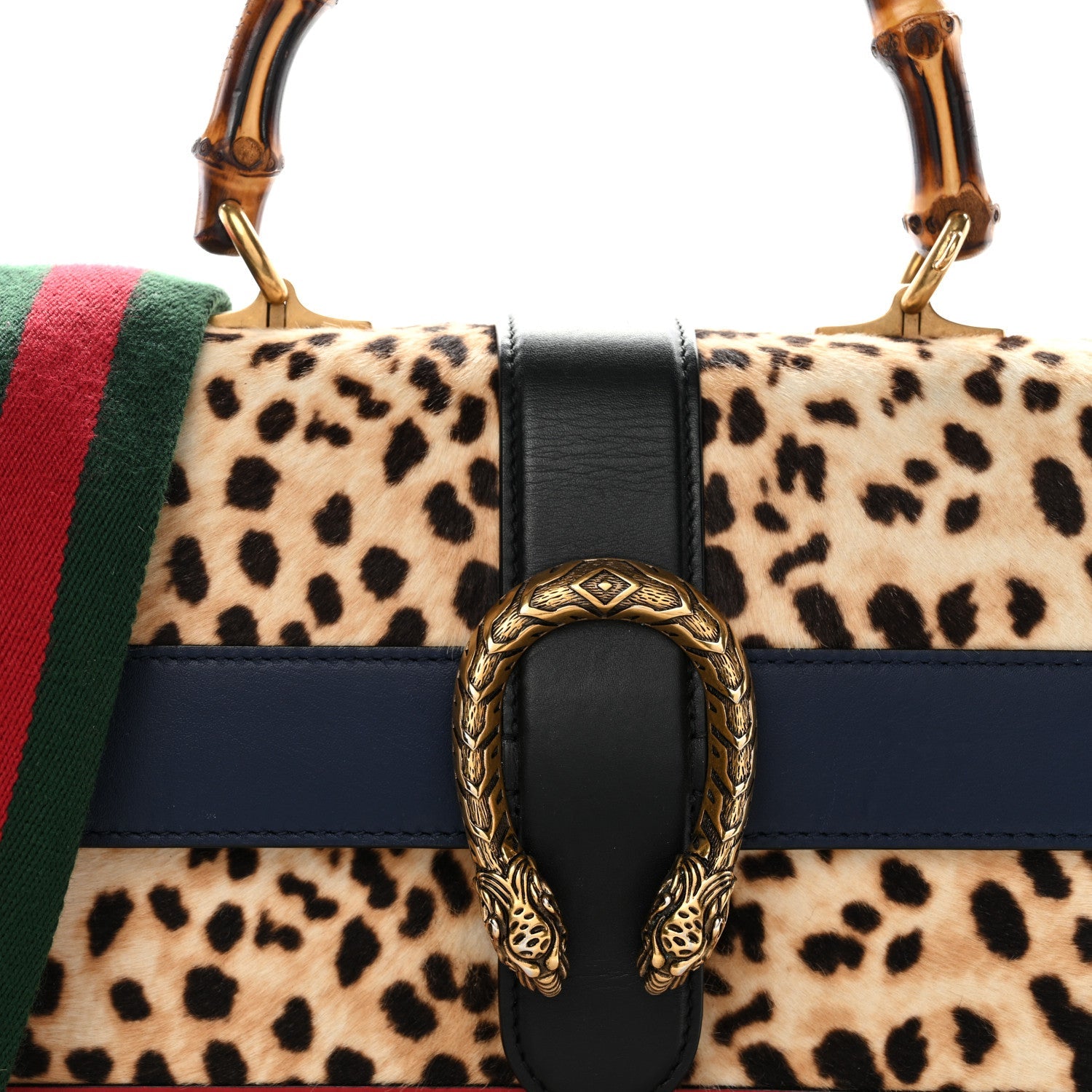 Gucci Calf Hair Calfskin Bamboo Web Leopard Print Medium Dionysus Top Handle Bag Natural Blue Agata Hibiscus Red