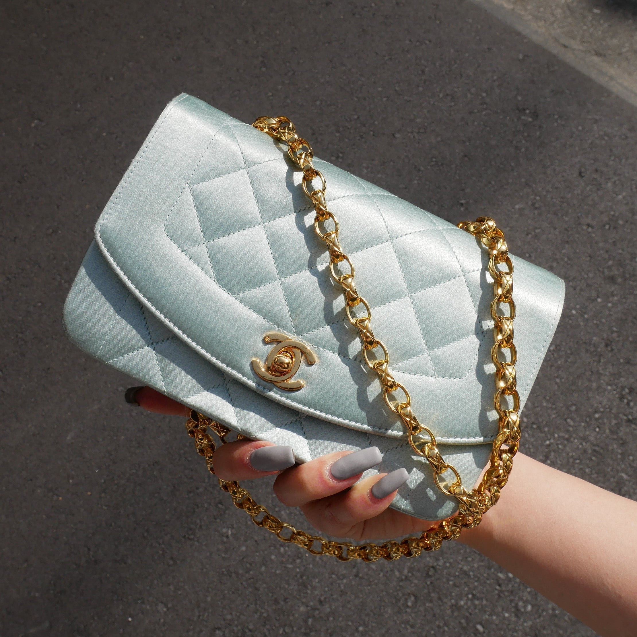 CHANEL 1989-1991 Baby Blue Satin Diana Mini