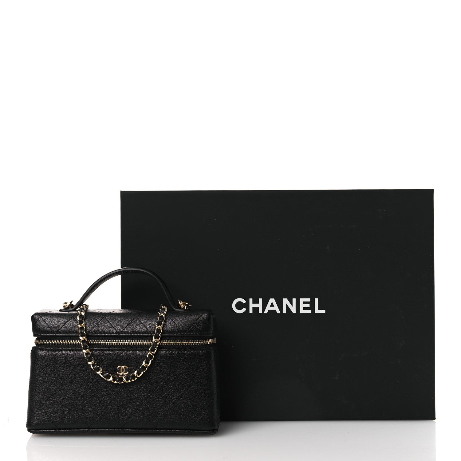 Chanel Goatskin Stitched Top Handle Slim Vanity With Chain Black