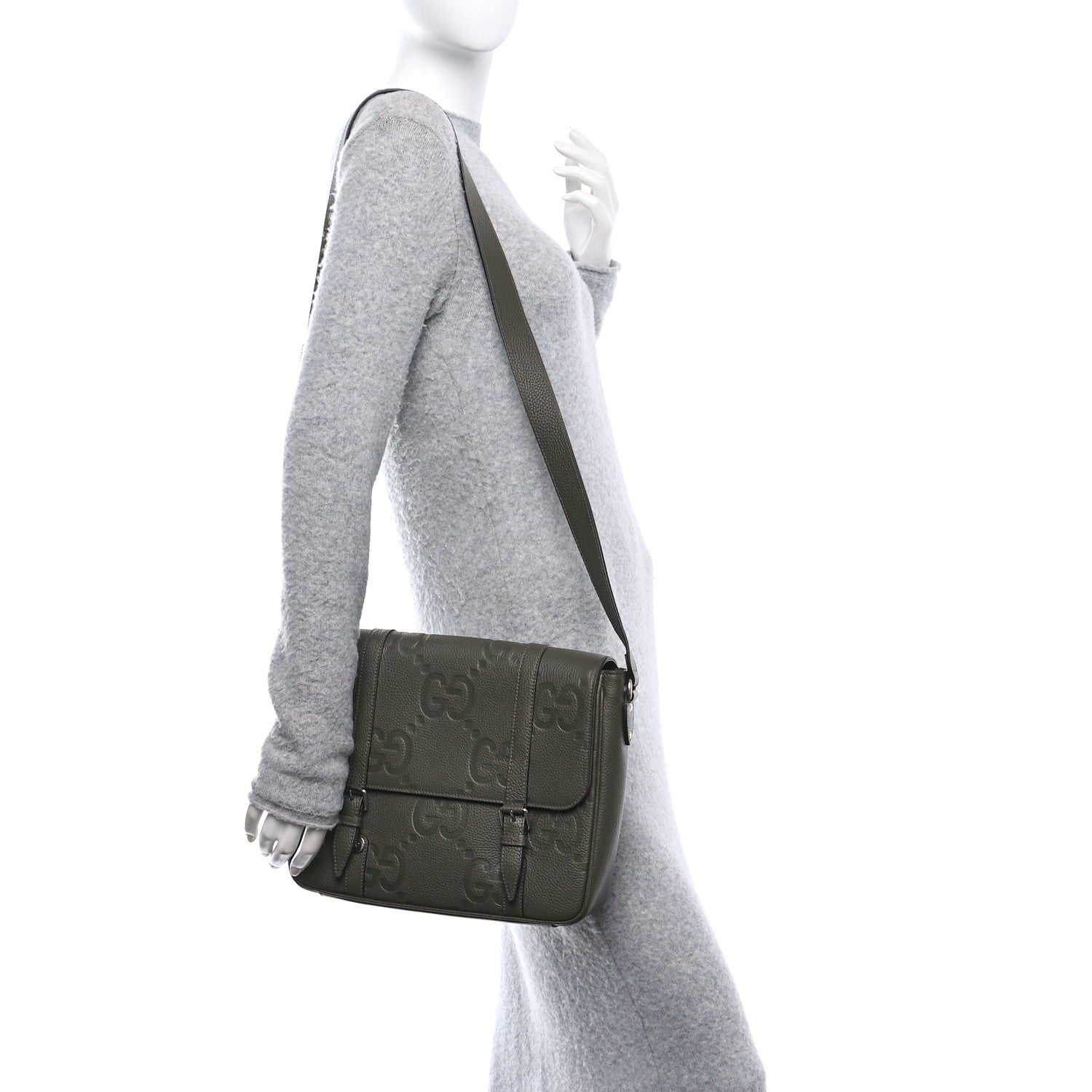 Gucci Piuma Calfskin Jumbo GG Embossed Double Buckle Medium Messenger Bag Dark Vintage Olive