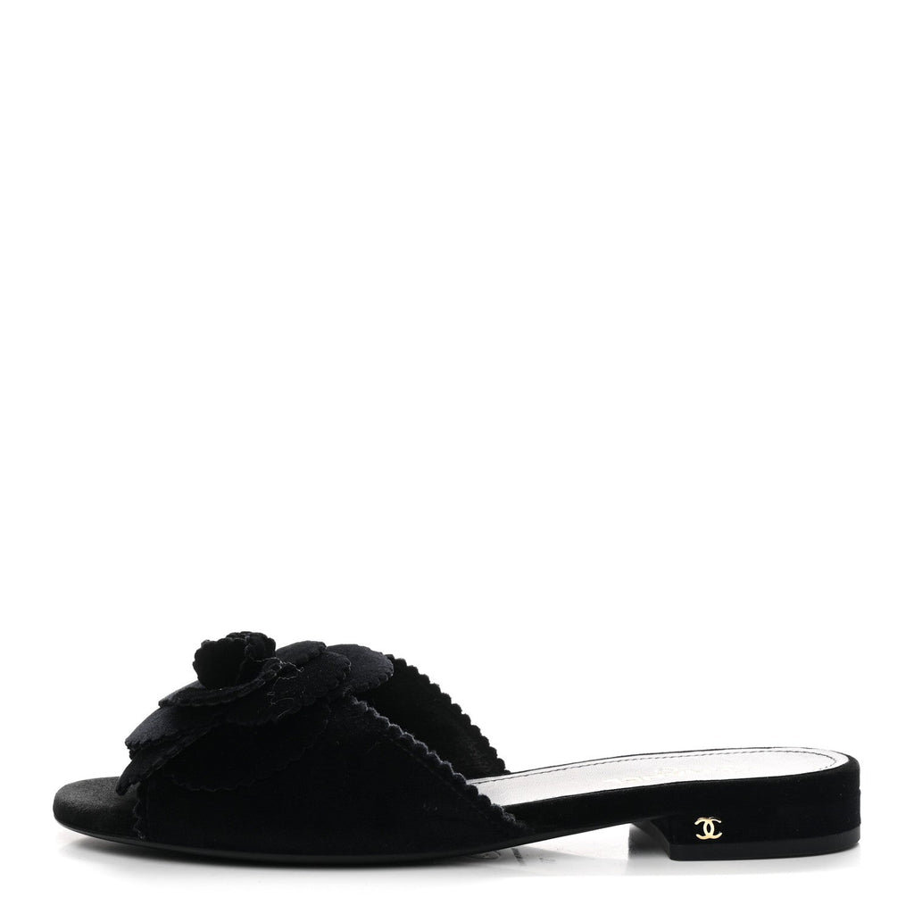 Chanel Velvet Pearl Camellia Slide Sandals 37 Black