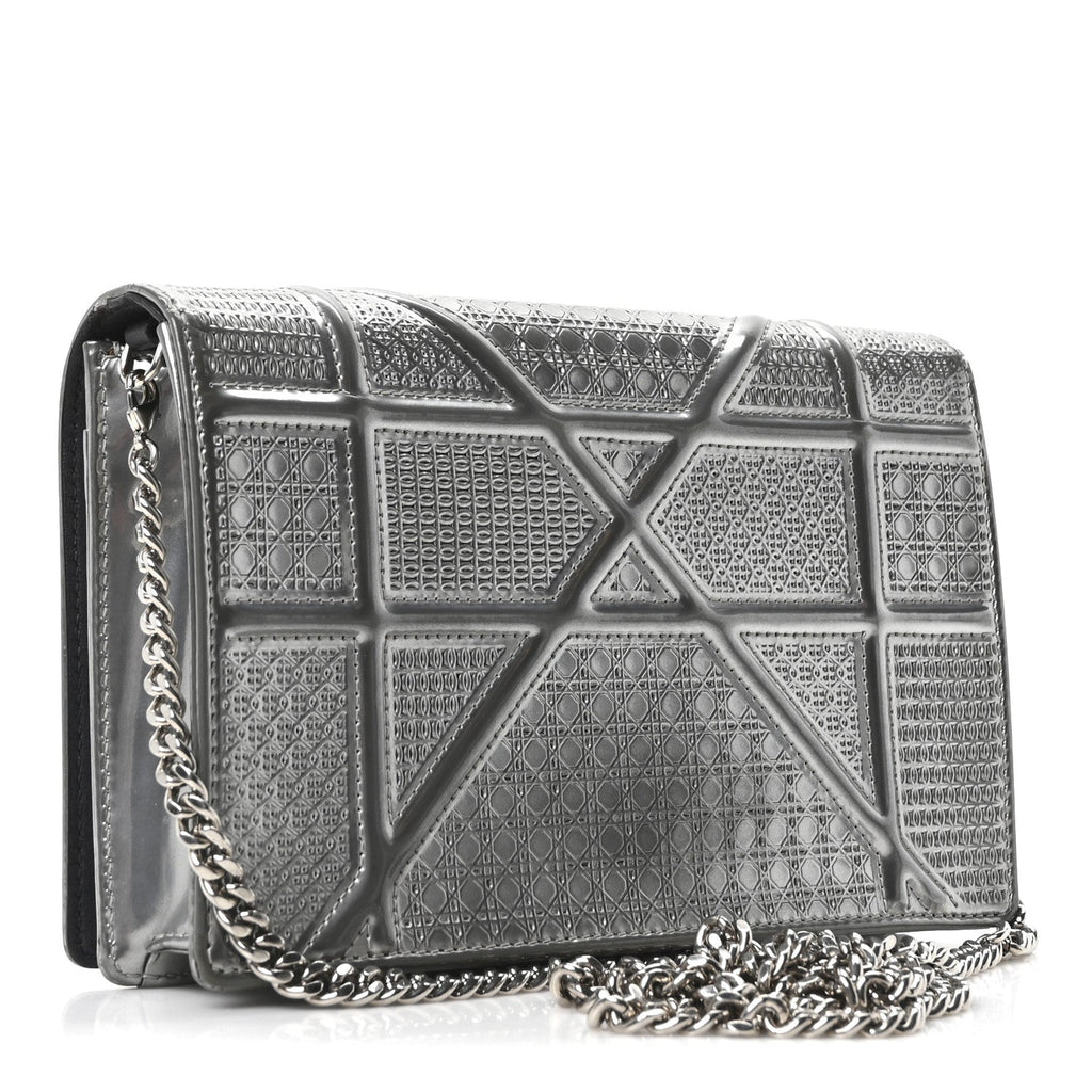 Christian Dior Metallic Patent Micro-Cannage Diorama Wallet on Chain Pouch Silver