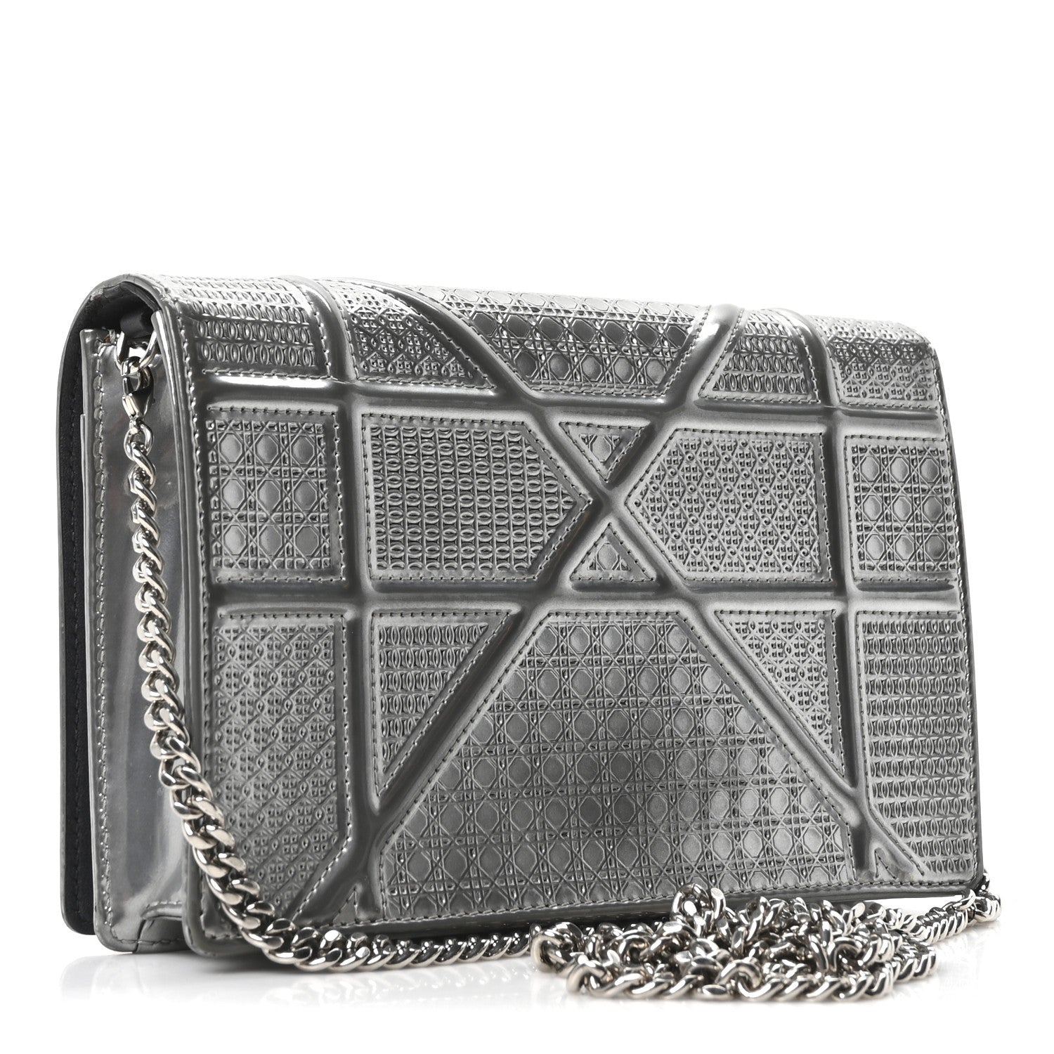 Christian Dior Metallic Patent Micro-Cannage Diorama Wallet on Chain Pouch Silver