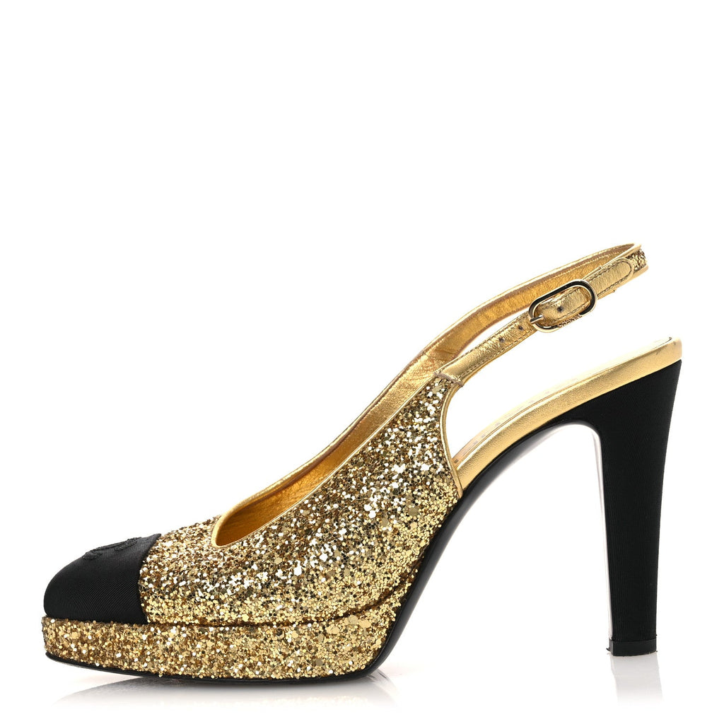 Glitter Grosgrain Cap Toe CC Slingback Pumps 38 Gold Black