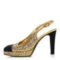 Glitter Grosgrain Cap Toe CC Slingback Pumps 38 Gold Black