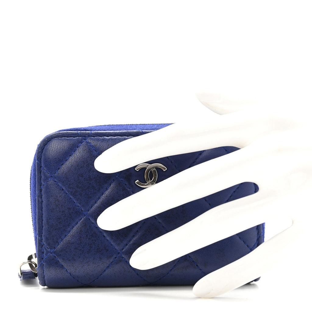 Chanel Lambskin Quilted Zip Around Coin Purse Wallet Blue