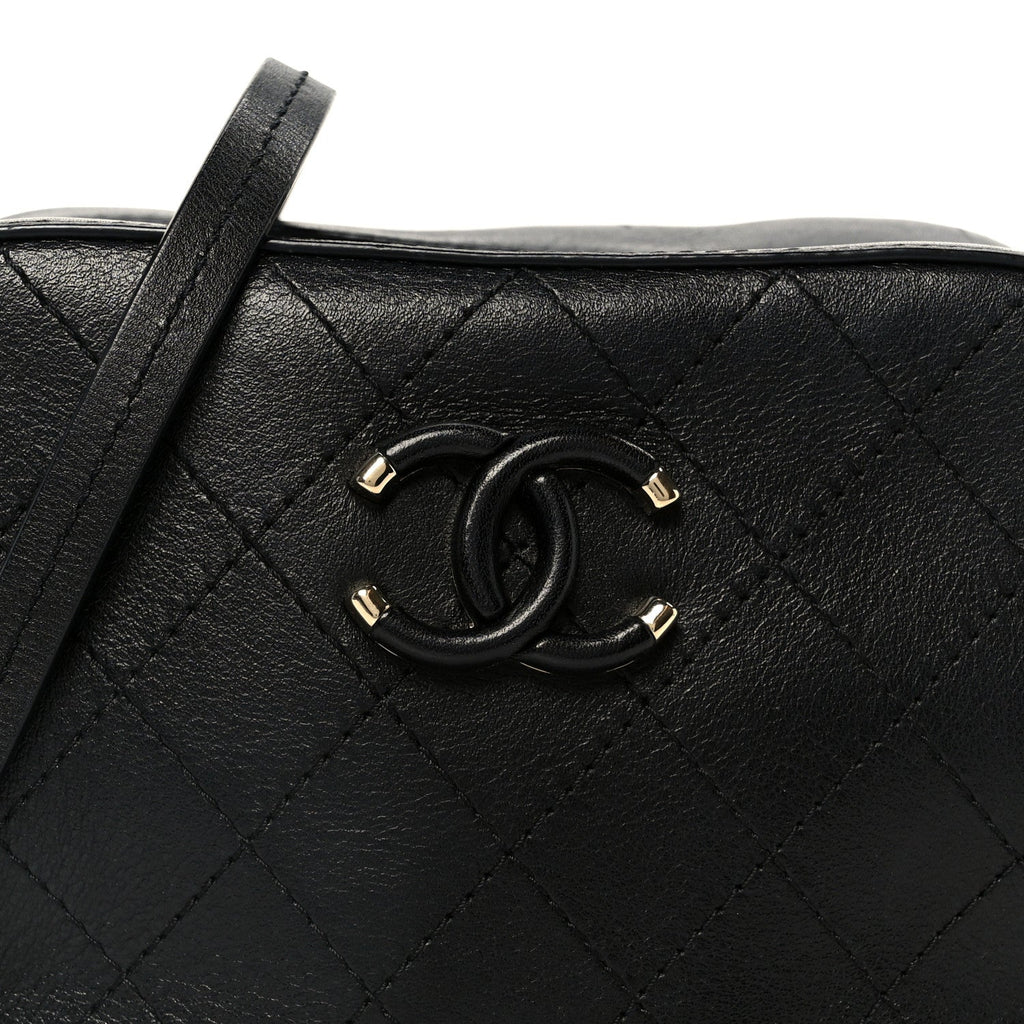 Chanel Calfskin Stitched Covered CC Camera Case Bag Black