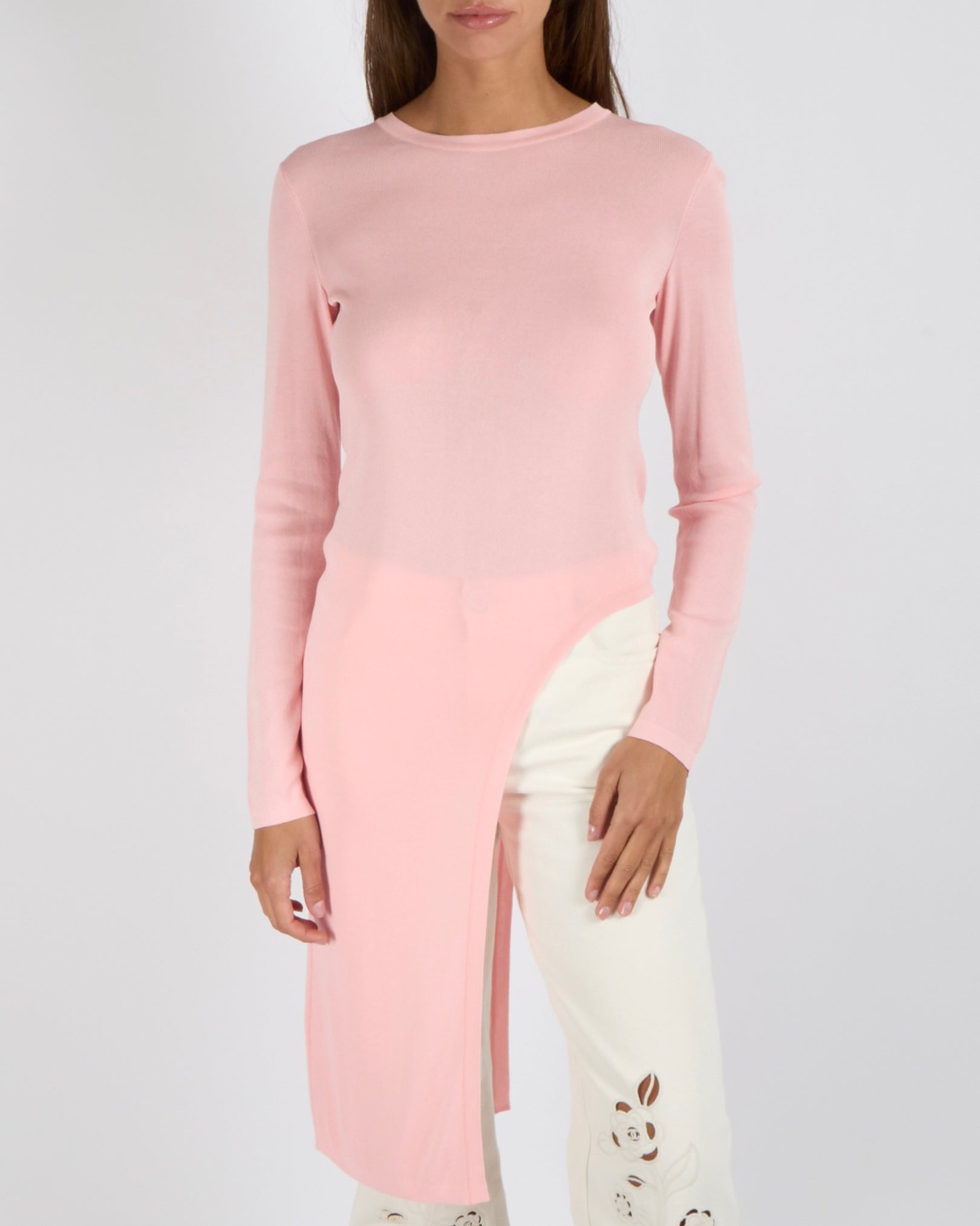 Chanel Resort 2016 Paris Seoul Pink Long-Sleeved Asymmetric Top with Gold CC Logo Button Detail Size FR 36 (UK 8)