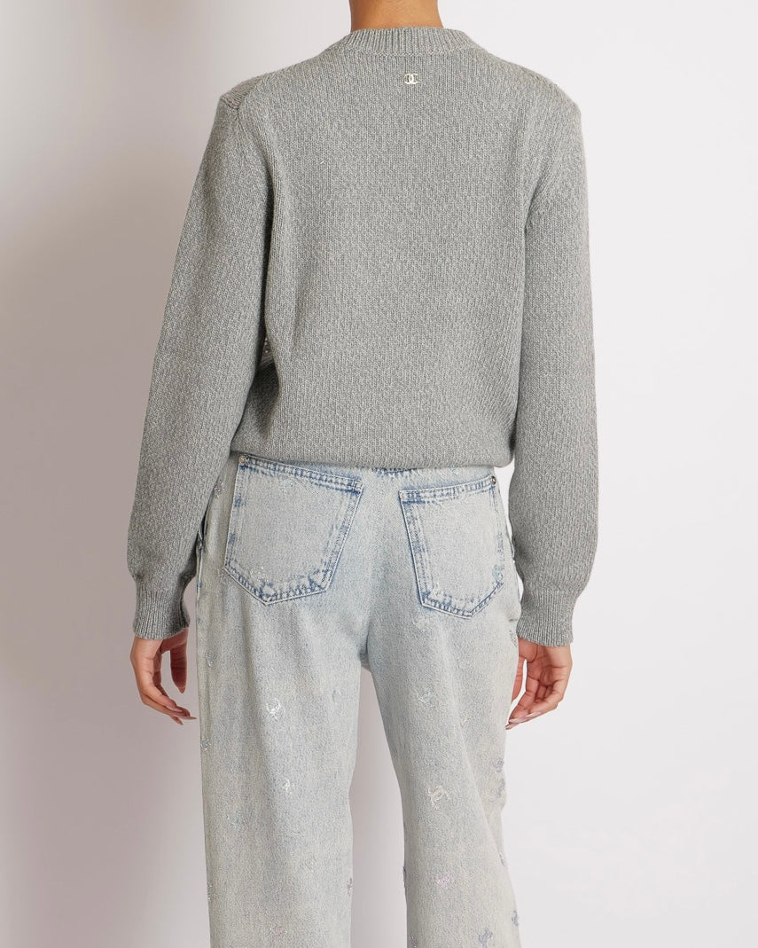 Chanel 22AGrey Cashmere Knitted Jumper with Multi-Colour Crystal Embellished CC Logo Size FR 38 (UK 10)