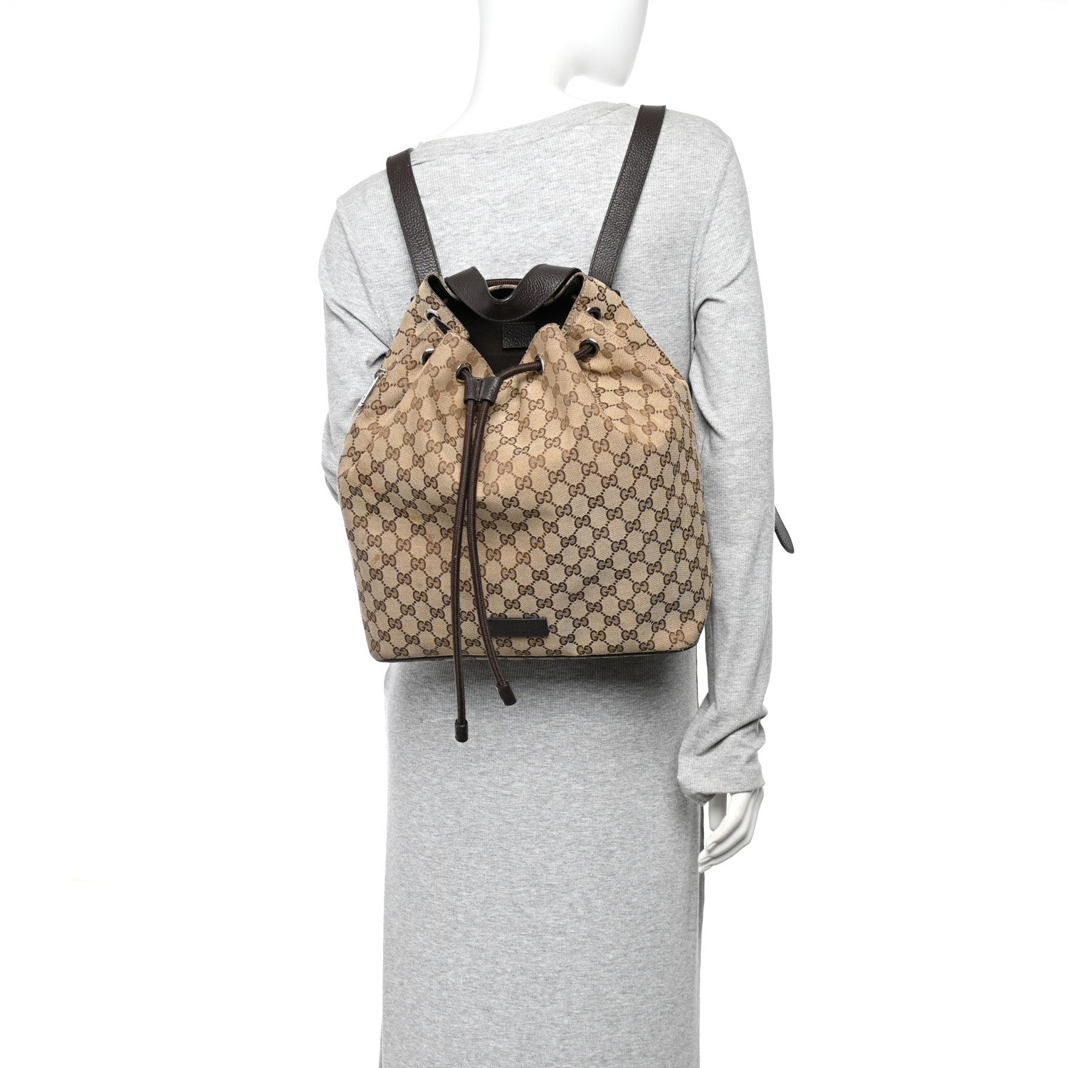 Gucci Monogram Dollar Calfskin O Drawstring Backpack Beige Ebony Testa di Moro Dark Chocolate