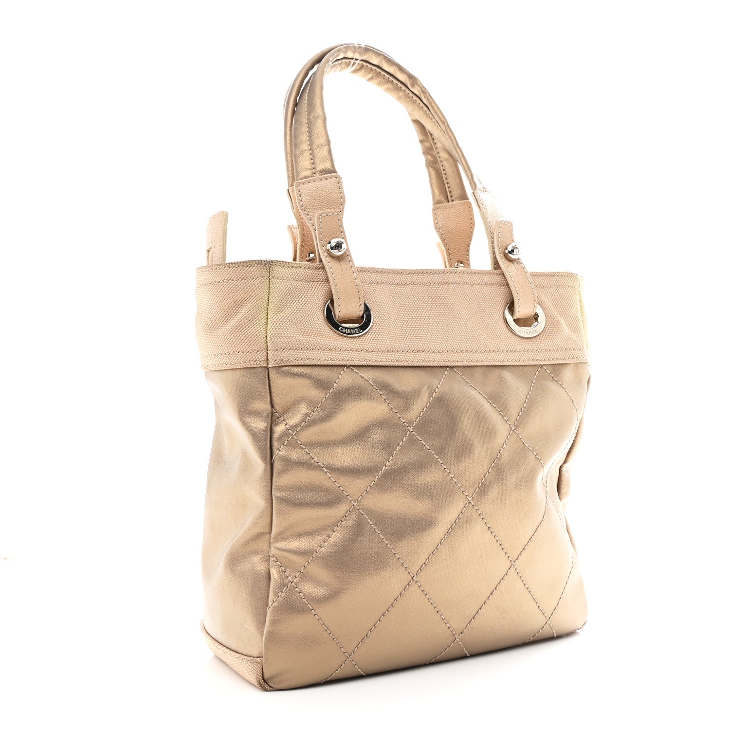 Chanel Metallic Coated Canvas Quilted Small Paris Biarritz Tote Gold