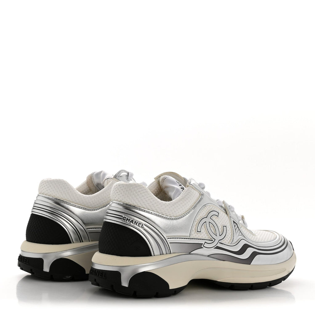 Fabric Laminated Calfskin Stretch CC Womens Sneakers 39.5 White Silver