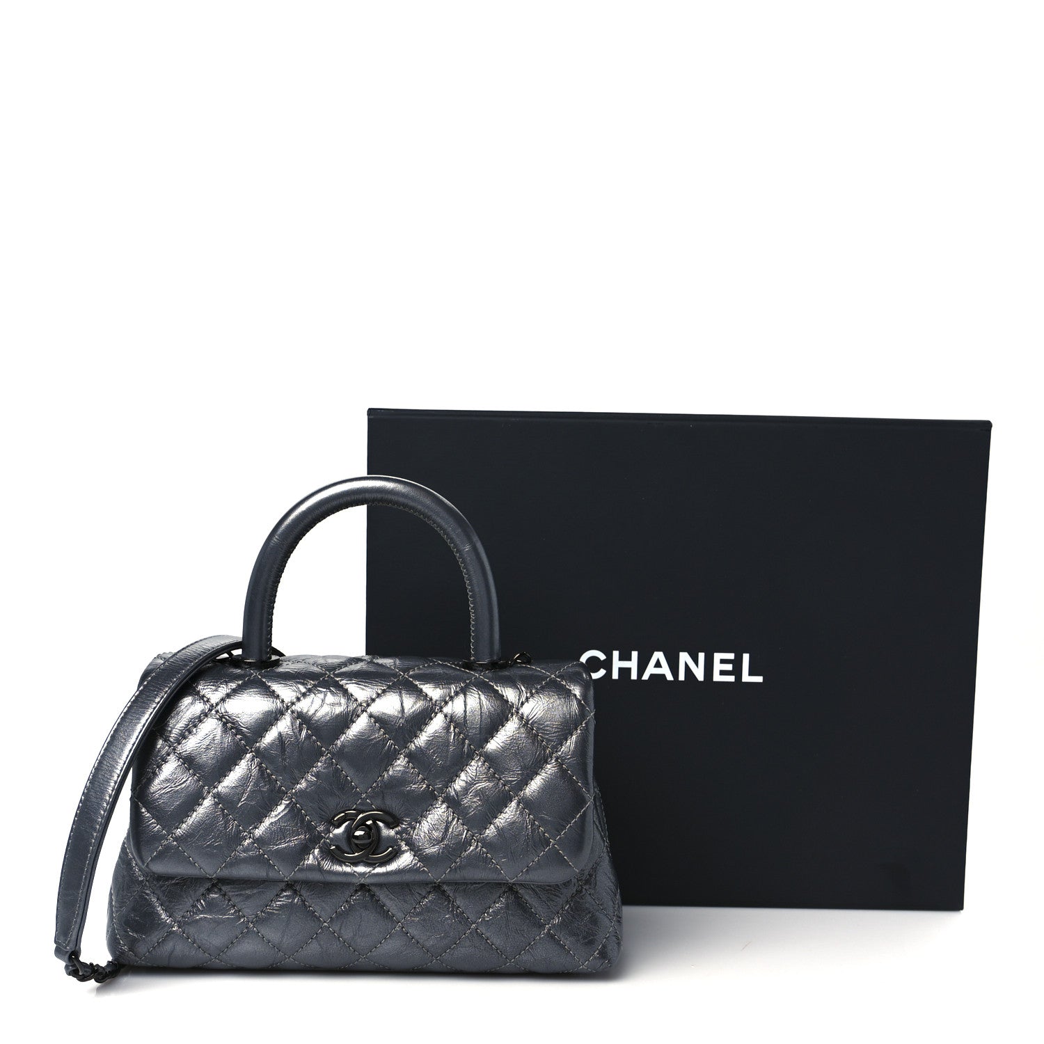 Chanel Metallic Aged Calfskin Quilted Mini Coco Handle Flap Charcoal