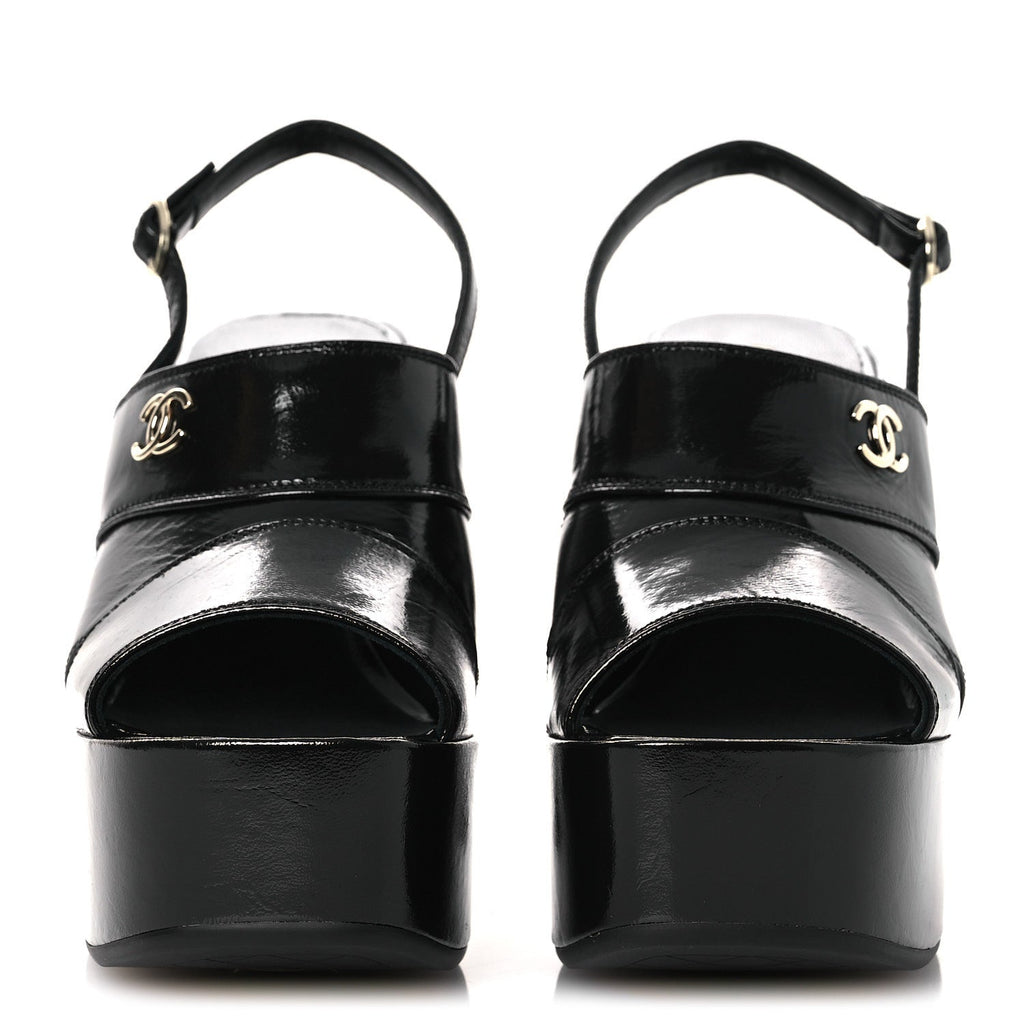 Crumpled Patent Lambskin Platform Sandals 39.5 Black