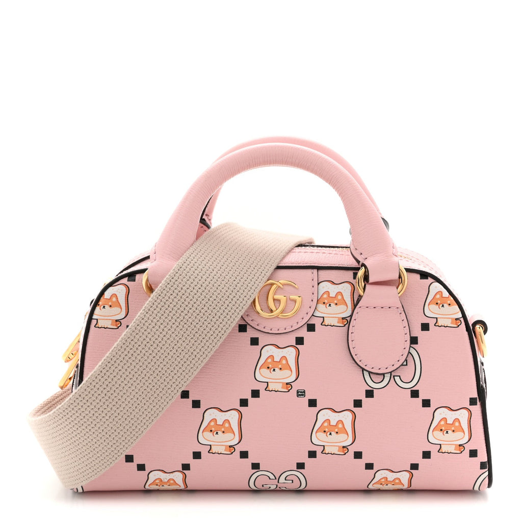 Gucci X PIKARAR Textured Dollar Calfskin Animal Print Mini Ophidia Top Handle Bowler Bag Pink Multicolor