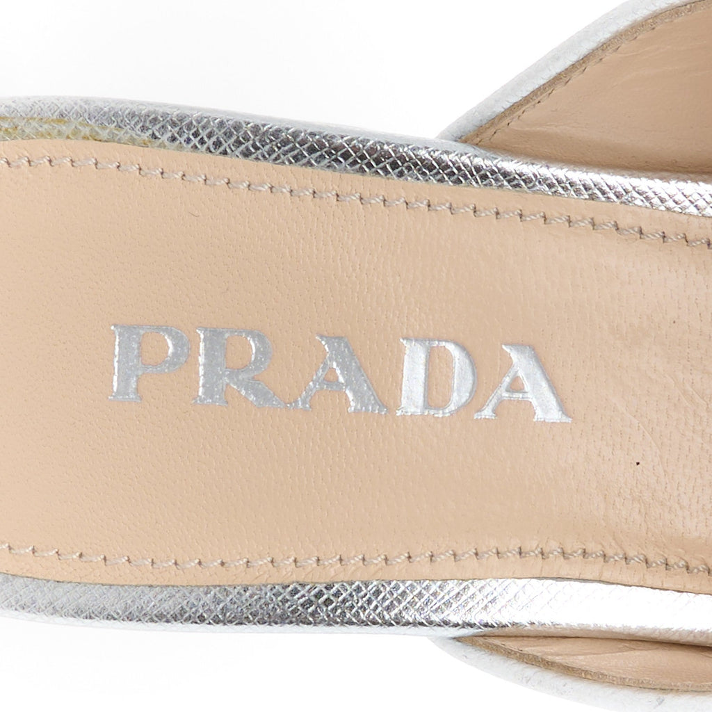 Prada Metallic Saffiano Crisscross Platform Sandals Silver 34.5