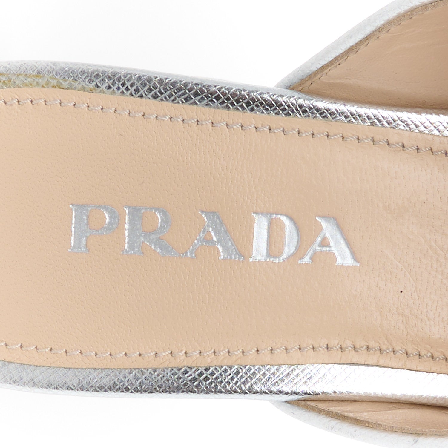 Prada Metallic Saffiano Crisscross Platform Sandals Silver 34.5