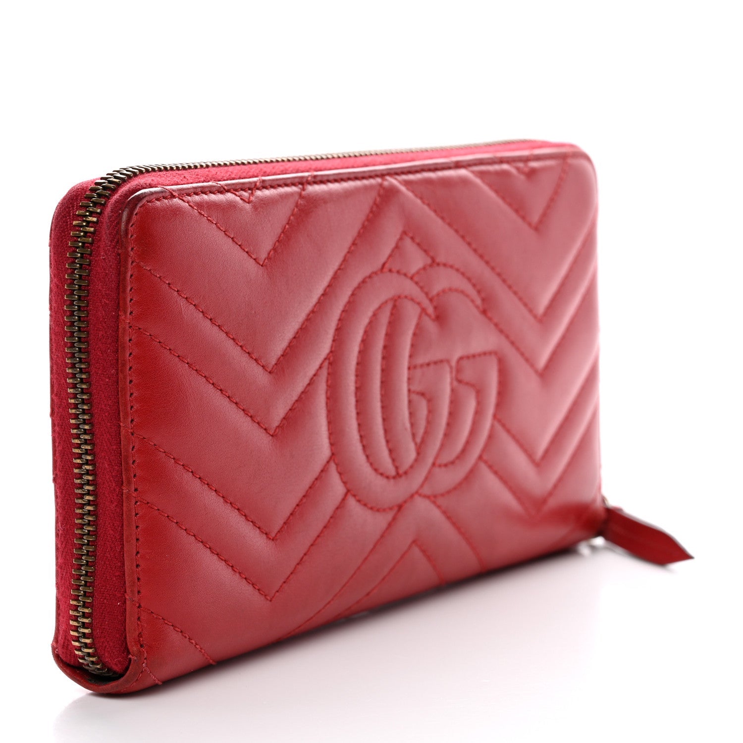 Gucci Calfskin Matelasse GG Marmont Zip Around Wallet Hibiscus Red