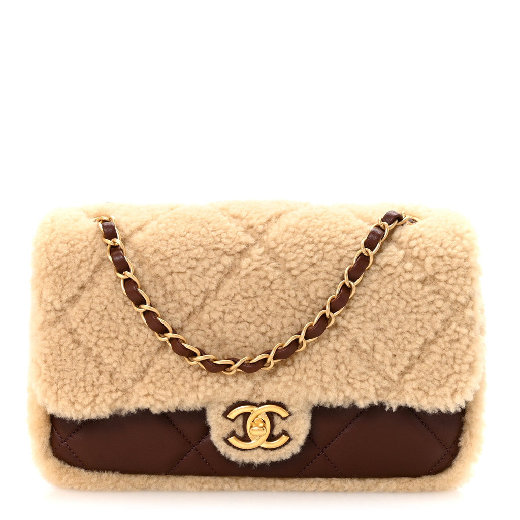 Chanel Shearling Lambskin Quilted Furry Coco Flap Dark Brown Beige