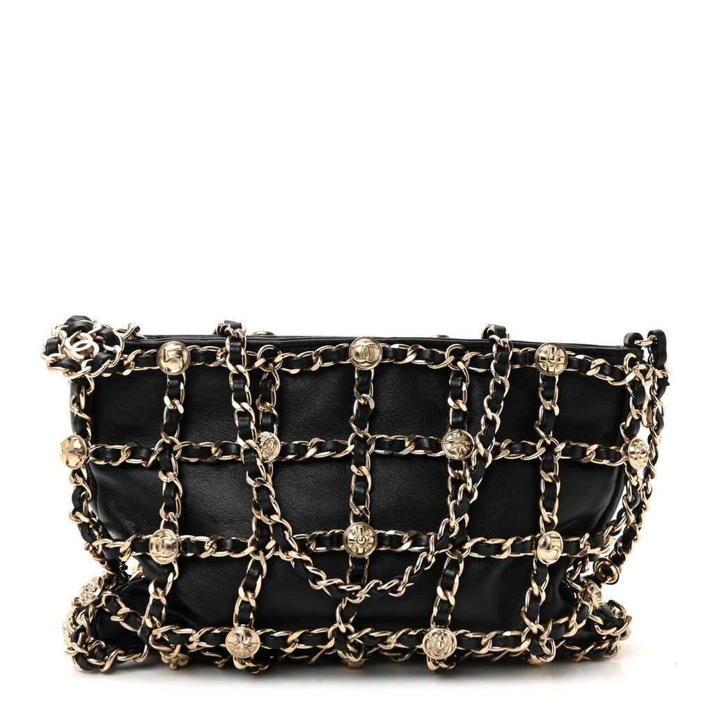 Chanel Lambskin Chain Frame Medallion Shoulder Bag Black
