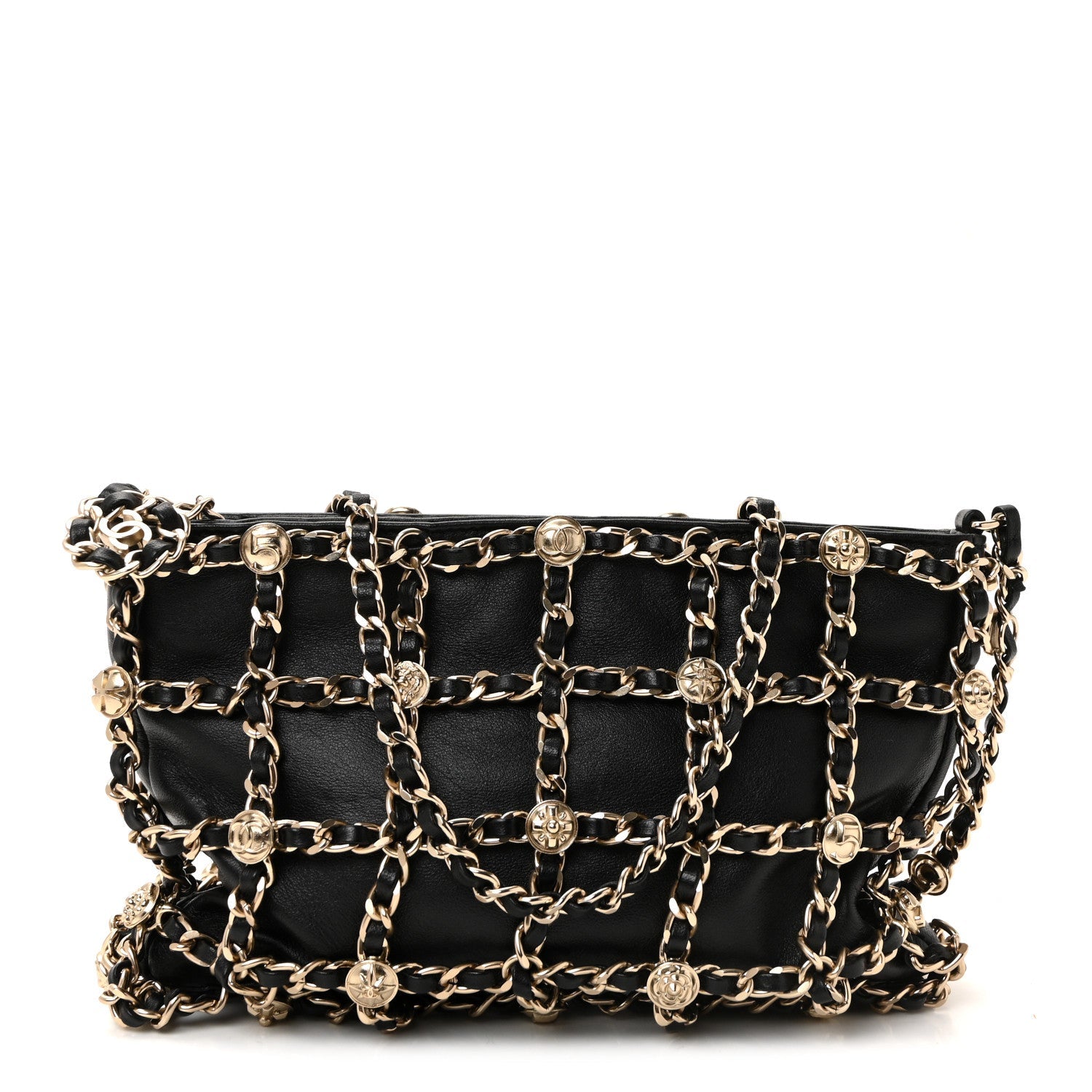 Chanel Lambskin Chain Frame Medallion Shoulder Bag Black