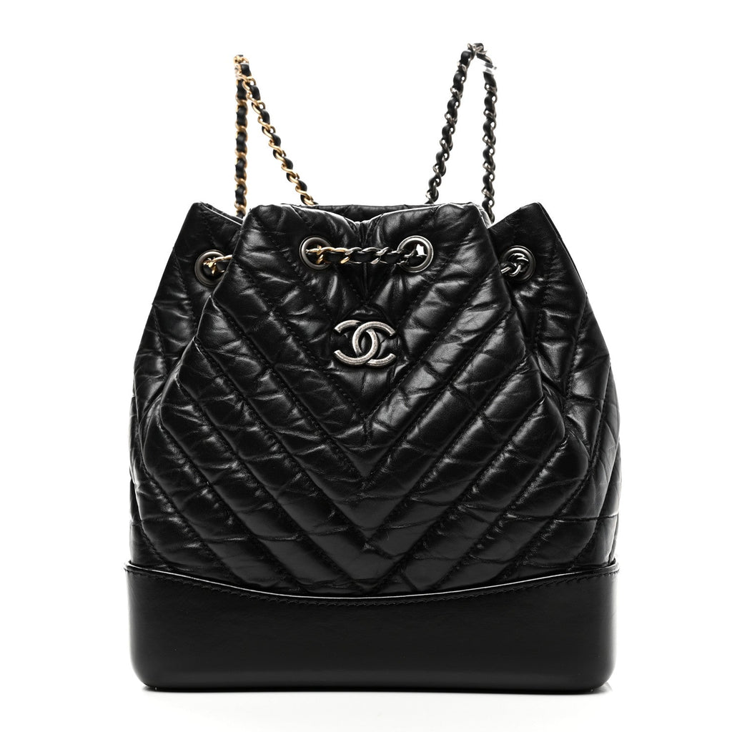 Chanel Aged Calfskin Chevron Quilted Small Gabrielle Backpack Black
