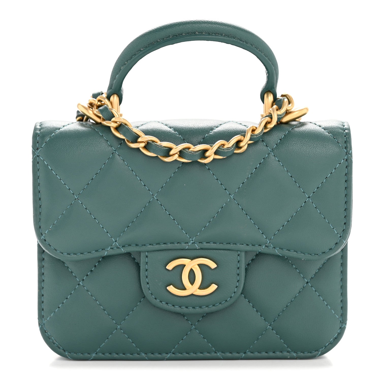 Chanel Lambskin Quilted Top Handle Flap Coin Purse With Chain Green