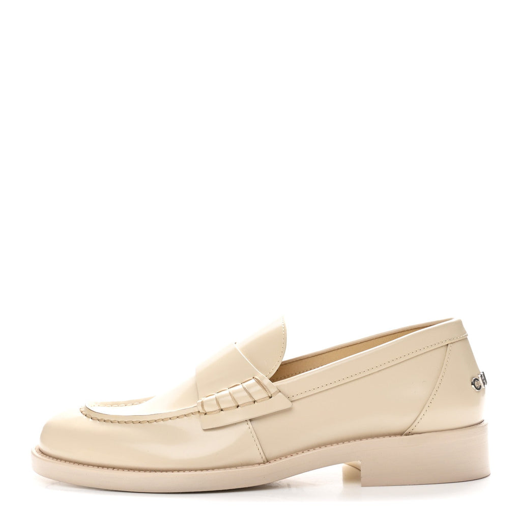 Chanel Shiny Calfskin Logo Loafers 39.5 Beige