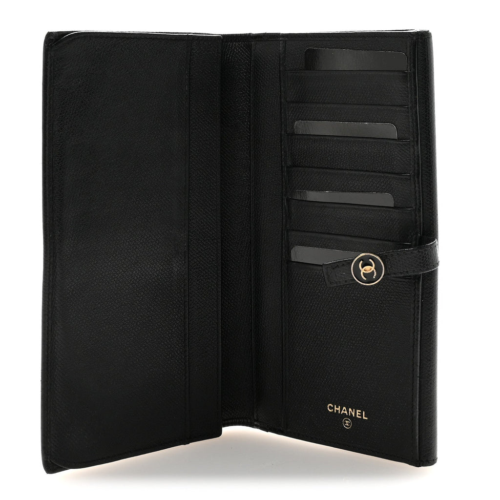 Grained Calfskin CC Button Long Wallet Black