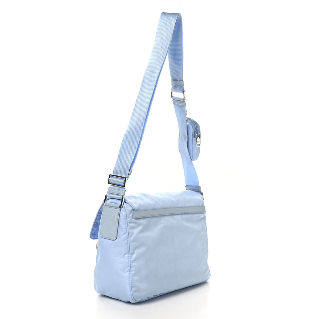 Prada Re-Nylon Vela Saffiano Pocket Double Buckle Messenger Shoulder Bag Celeste