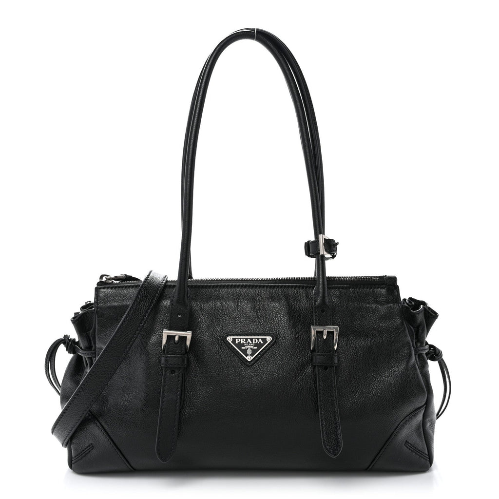 Prada Antiqued Calfskin Triangle Medium Bonnie Shoulder Bag Black