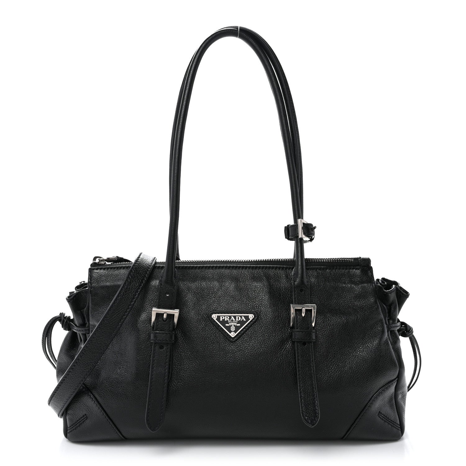 Prada Antiqued Calfskin Triangle Medium Bonnie Shoulder Bag Black