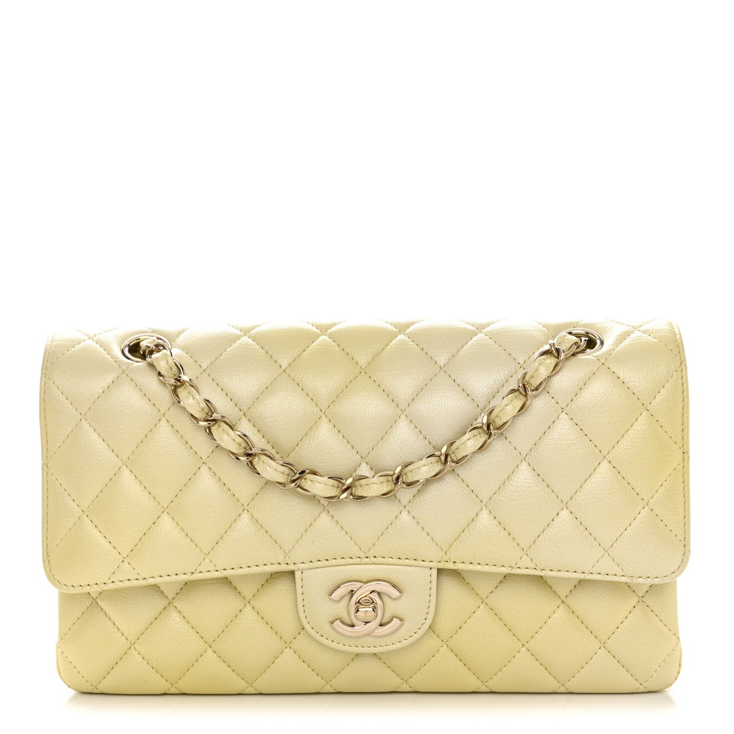 Chanel Cloudy Pearly Goatskin Quilted Medium Double Flap Light Yellow