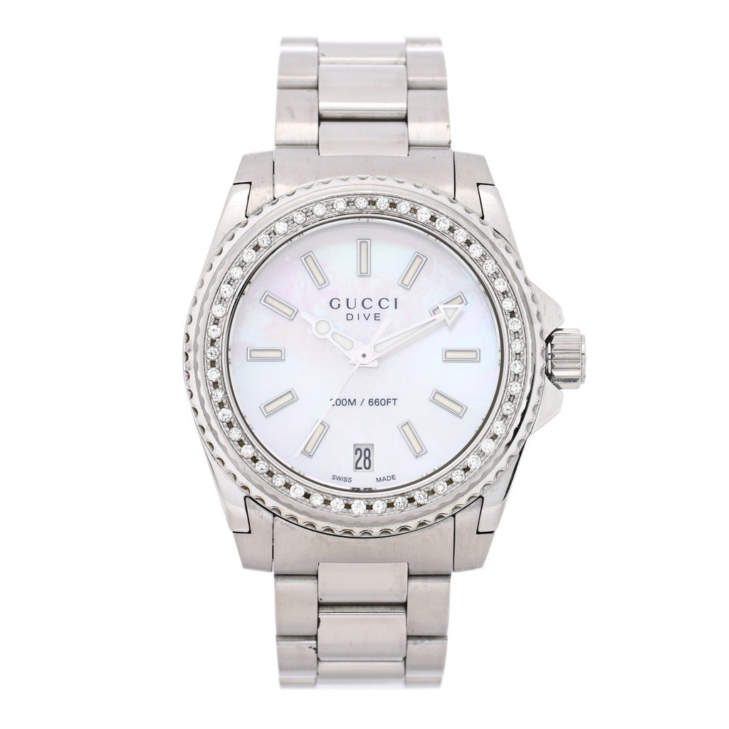Gucci Stainless Steel Diamond Mother of Pearl 32mm Dive Quartz Watch